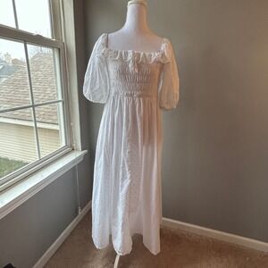 R.Vivimos White Eyelet Maxi Dress Smocked Puff Sleeve Cottagecore Womens Size L